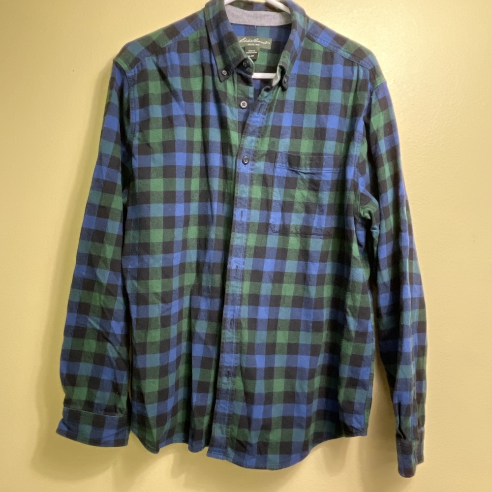 Eddie Bauer Plaid Flannel Button Down Mens Shirt Outdoor Work size XL Grn Bl Blk